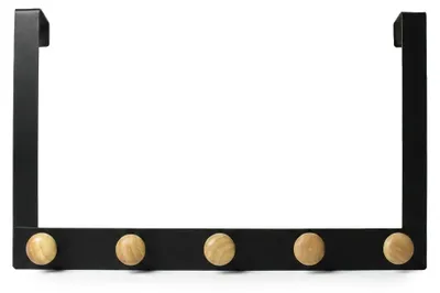 Produktbild von Türgarderobe Schwarz mit 5 Holzhaken – Platzsparende Tür-Hängeleiste ohne Bohren – Kleiderhaken für Jacken, Taschen, Handtücher – Türhakenleiste für Badezimmer, Schlafzimmer & Flur, 41 x 25 cm