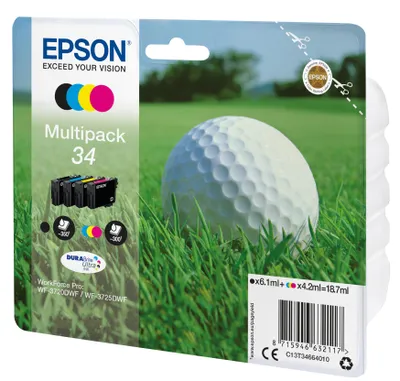 Zdjęcie produktu dla Epson Golf ball Multipack 4-colours 34 DURABrite Ultra Ink, Standardowa wydajność, Czarny, Cyjan, Purpurowy, Żółty, Tusz na bazie pigmentu, 6,1 ml, 4,2 ml, 1 szt.