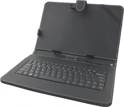 A black tablet case with an integrated keyboard is shown open, lying flat on a white background.