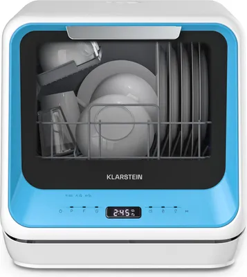 A close-up front view of a compact countertop dishwasher.