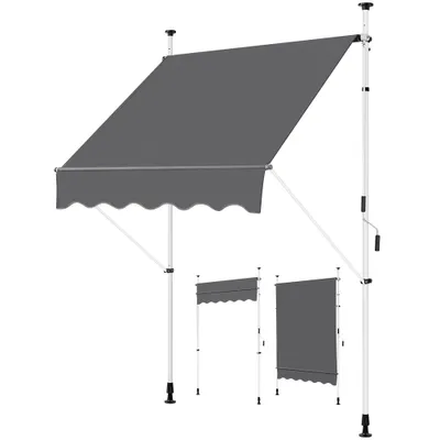 A dark gray retractable awning with white support poles, shown against a white background. Two smaller, rolled-up awnings are displayed below.