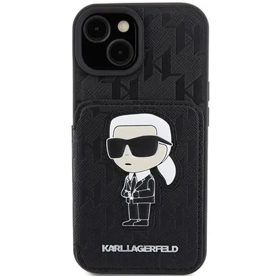 Produktbild von Karl Lagerfeld KLHCP15SSAKKNSCK iPhone 15 / 14 / 13 6.1" schwarz hardcase Saffiano Cardslots and Stand Monogram Ikonik Patch Schutzhülle