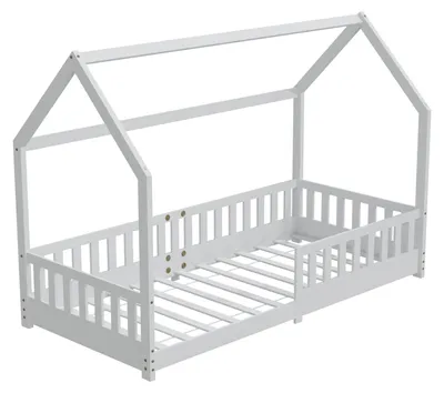 Produktbild von HAGO24 Kinderbett 90x200cm Weiß Hausbett Dach Rausfallschutz Massivholz Kiefer Spielbett Lattenrost Bodentief Montessori