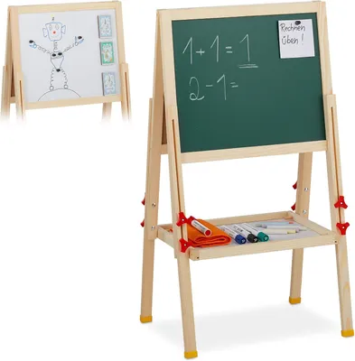 Produktbild von Schultafel für Kinder, höhenverstellbar und magnetisch, aus Holz, als Whiteboard und Kreidetafel, 81-104 x 45 x 42 cm, Natur