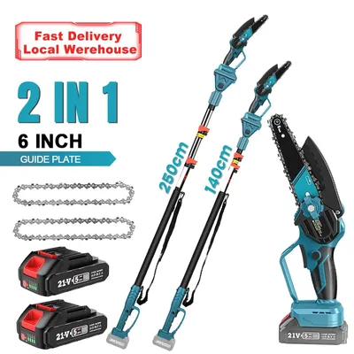 Produktbild von Teleskop Hochentaster Astsäge - Akku-Kettensäge am Stiel - Reichweite 2,5 m - 15 cm Schwert - Kabellos 21V - Inkl. Akku - 6 Zoll
