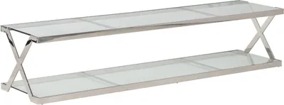 A two-tiered TV stand with a silver metal frame and clear glass shelves, shown against a white background.