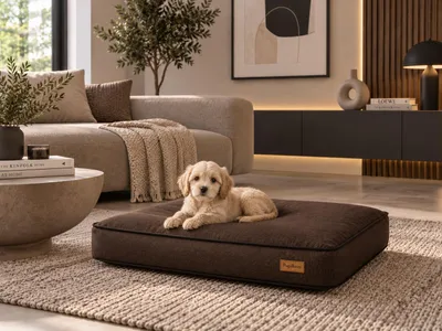 Produktbild von Hundebett Katzenbett ortopaedisch XL Braun 80x60 wasserdicht abnehmbarer Bezug Kodurastoff rutschfest, KI-generiertes Bild