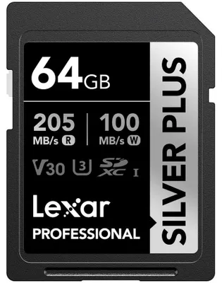 Produktbild von Lexar Professional SILVER PLUS, 64 GB, SDXC, Klasse 3, UHS-I, 205 MB/s, 100 MB/s