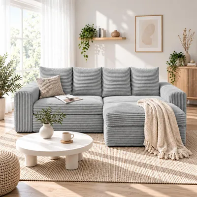 Produktbild von PixelPilot Ecksofa mit Hocker,Sofa L-form mit Schlaffunktion,3-Sitzer Couch L-form,modulares Wohnzimmer Sofa,Couchgarnitur- Grau, KI-generiertes Bild