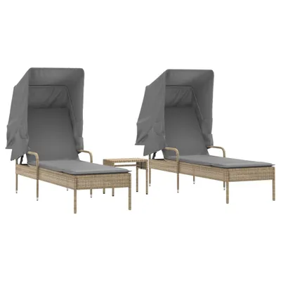 Produktbild von Sonnenliegen 2 Stk. mit Dach und Tisch Beige Poly Rattan