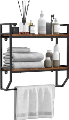 Produktbild von GOPLUS Wandregal Holz, 2-stöckiges Schweberegal mit Handtuchhalter, Regalbrett Holz freischwebend, Hängeregal für Wohnzimmer & Küche & Badezimmer, Rustikal Braun