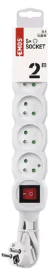 Prodlužovací kabel 2 m / 5 zásuvek / s vypínačem / bílý / PVC / 1 mm2