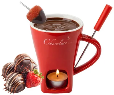 Zdjęcie produktu dla Zestaw do fondue czekoladowego, ceramiczny kubek do fondue z podgrzewaczem na świeczkę, pojemność 130 ml, kolor czerwony