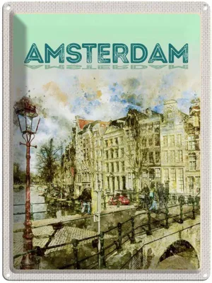 Produktbild von vianmo Blechschild 40x30 cm Vintage Kunst Amsterdam Bildmotiv Reisemotiv Abenteuer Reisen Straße Stadt Urlaub