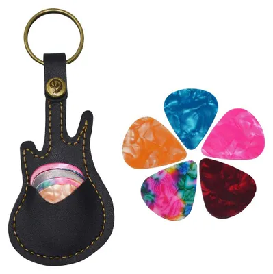 Productafbeelding van Plectrumhouder sleutelhanger - Leer - Gitaarvorm - 5 plectrums