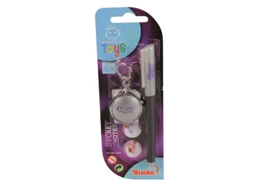 A product package for a Simba toy, featuring a pen with a UV light and a secret notes keychain.