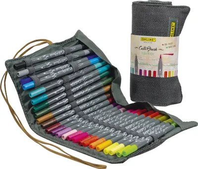 Produktbild von 24  Calli.Brush Pens Double Tip mit Kalligrafie-Spitze 2mm und flexibler Pinselspitze, Intensive Farben, in Inspiration Roll Pouch aus weichem Textil