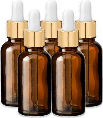 Produktbild von 5x Glasflasche braun 30 ml mit goldener Aluminium Pipette Tropfflasche