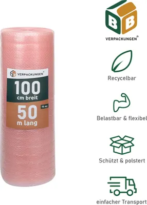 Produktbild von 3 x Luftpolsterfolie (1,0 x 50 m) 3-lagig 75 my Antistatisch Schutzfolie Noppen Versandfolie Polster Verpacken Knallfolie Transport BB-Verpackungen