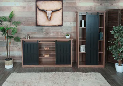 Produktbild von Wohnzimmerset aus Schrank und Sideboard MCW-K75, Schiebetüre Staufächer, Holz-Optik Industrial Metall braun