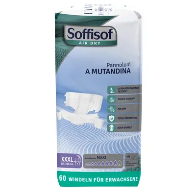 Obrázok produktu pre Plienky pre dospelých Soffisof Air Dry Maxi XXXL - 60x inkontinenčné nohavičky - 4 balenia po 15 plienkach, 9 kvapiek - plienkové nohavičky pre dospelých