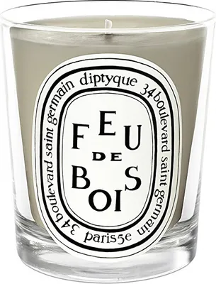A close-up studio shot of a Diptyque scented candle in a glass jar.