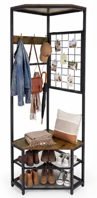 Produktbild von KOMFOTTEU Garderobenständer, Eckgarderobe mit 2 Schuhregalen, Ablagen & Haken, Garderobe mit Holz- & Metallrahmen, Kleiderständer für Flur, Wohnzimmer, Schlafzimmer, 49 x 49 x 171 cm