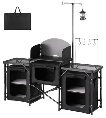Produktbild von SucceBuy Klappbare Campingküche mit Campingschrank, ausgestattet mit 2 seitlichen Eisengittertischen, abnehmbarem Windschutz für Kochgeräte und 3 Staufächern. Ideal für Picknicks, Grillabende und Reisen, Schwarz