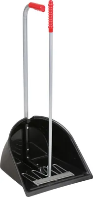 A black dustpan with a red handle and a silver pole.