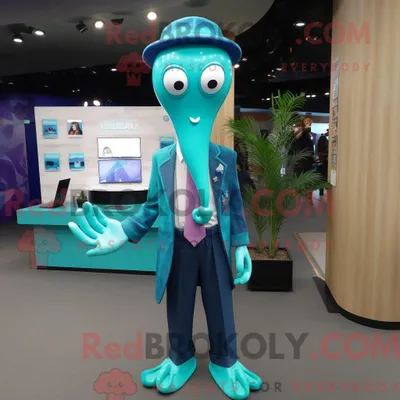 Produktbild von Cyan REDBROKOLY Squid Maskottchen Kostüm Figur bekleidet mit Blazer und Fußkettchen