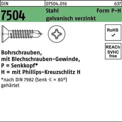 Produktbild von Reyher 7504-O(P) Bohrschraube 6,3x45 verzinkt Senkkopf (250 Stück)