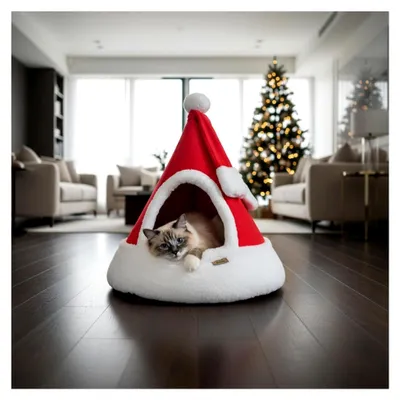 Produktbild von CAT CAB Santa Claus – Weihnachts Katzen- und Hundehöhle | Warmes Winterbett für Katze und kleinen Hund | Abnehmbares Kissen | Weiche Plüschhöhle | Hochwertige Qualität EU