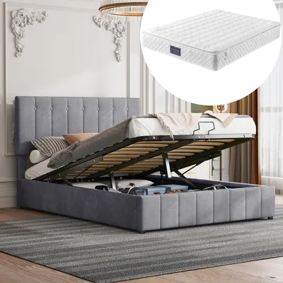 Produktbild von Polsterbett mit Taschenfederkernmatratze, Lattenrost und Bettkasten, 140x200 cm, Doppelbett, Bezug aus Samt, 25 cm hoch, 7 Zonen, Härtegrad 3, 620 Federn