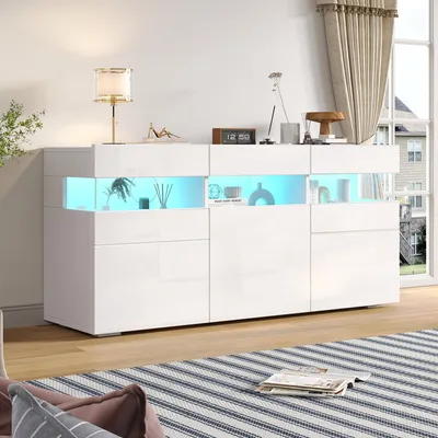 Produktbild von Weißes Sideboard, 3 Türen, LED, Acryl, 7 Fächer, 140 cm