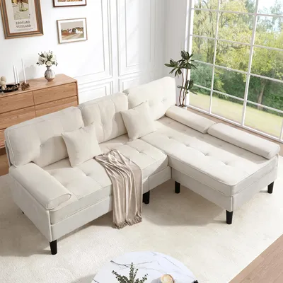 Produktbild von STILVORA L-Form-Ecksofa mit Schlaffunktion und modularer Fußbank, Dreisitzer mit weichem Chenille-Stoff,Relaxsofa mit kleine Apartments geeignet, platzsparendes Design,Hellbeige