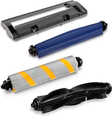 A set of vacuum cleaner replacement parts, including a brush frame, a blue roller brush, a gray and yellow roller brush, and a black brush roll, are displayed against a white background.