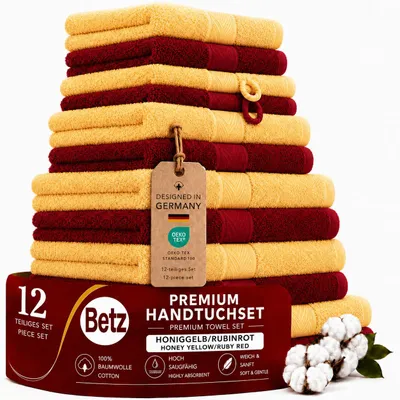 Produktbild von Betz 12-tlg. Handtuch-Set PREMIUM 2 Duschtücher 4 Handtücher 2 Gästetücher 2 Seiftücher 2 Waschhandschuhe  Farbe: honiggelb / rubinrot, KI-generiertes Bild