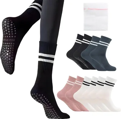Produktbild von 5 Paar Stoppersocken Damen Streifen Baumwolle Yoga Socken Antirutschsocken Damen für Pilates Yoga Trampolin Fitness Aerobic 35-42