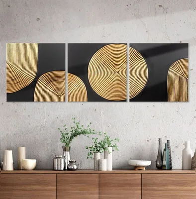 Image de Gilde Bild, quadratisch, "Solito", Kreismotiv, Holz, MDF, schwarz, goldfarben, VE 3, 3fach sortiert, L. 3 cm, B. 60 cm, H. 60 cm 3er Set 71886 4063387718865