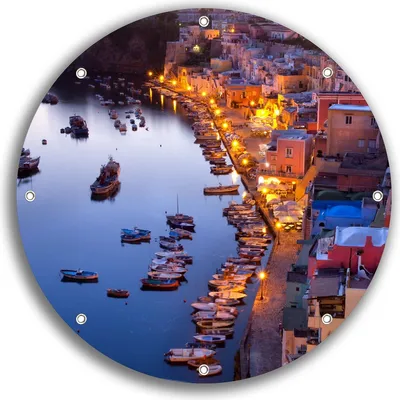 Produktbild von Wallario rundes Outdoor-Poster für Garten oder Balkon, Motiv Hafen bei Nacht - Italien hell erleuchtet, 30 cm Durchmesser