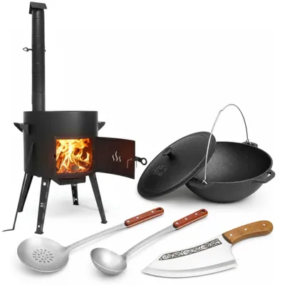Produktbild von Premium Utschak Ø40 cm Set mit 12L Gusseisen Kazan inkl. Gusseisendeckel Outdoor Feldküche aus 2mm Stahl mit Rauchrohr für Plov Grill Camping Schöpflöffel Schaumkelle Hackmesser