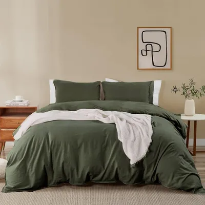 Produktbild von Bettwäsche-Set 220x240 cm Olivergrün Mikrofaser bügelfrei 2 Kissenbezüge 80x80 cm Reißverschluss