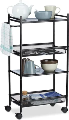 Produktbild von Relaxdays Rollregal schmal aus Metall, 4 Etagen Nischenwagen für Büro, Standregal mit Rollen HxBxT: 81x25x50 cm, schwarz