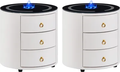 Two white, cylindrical nightstands with three drawers each, featuring a black top with a blue wireless charging indicator.
