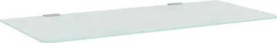 A clear, professional shot of a glass shelf with two mounting brackets, isolated on a white background.