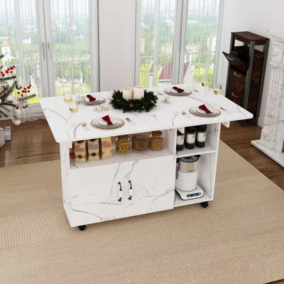 Obrázek produktu pro MODFU Skládací jídelní stůl 110×70 cm s funkcí 3 v 1, obdélníkový kuchyňský stůl, jídelní stůl s 5 úložnými prostory a 5 kolečky, mobilní multifunkční stůl, bílý