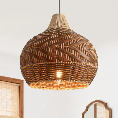 Image de Suspension en rotin et film plastique, abat-jour en matériaux mixtes, douille E27, diamètre 48 cm, pour les intérieurs rustiques modernes (ampoule non fournie)