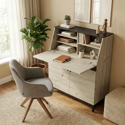 Produktbild von Schreibtisch Industrial mit Regal, Sekretär Computertisch Bürotisch, Spanplatte MDF Metallrahmen, Naturholz | 100 x 40 x 115 cm | 25 kg | platzsparend