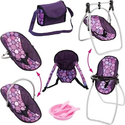 Produktbild von Bayer Design Puppenzubehör Set, Puppenhochstuhl, Puppentrage, Tasche, Zubehör, lila