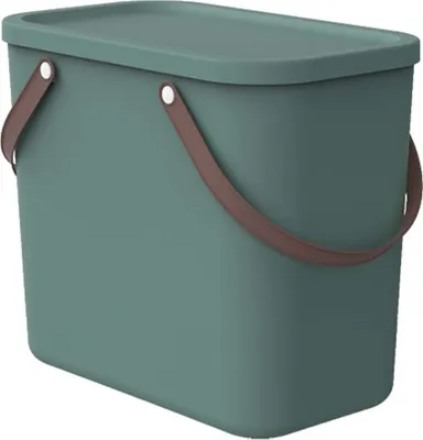 A green storage box with a lid and brown handles is shown against a white background.